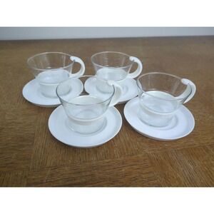 Set of 4 - Retro Bodum Glass Coffee Tea Mugs White Plastic Handle w/ Coasters‎
